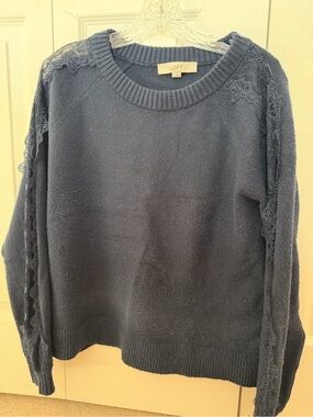 LOFT Navy Lace-Trim Scoopneck Sweater